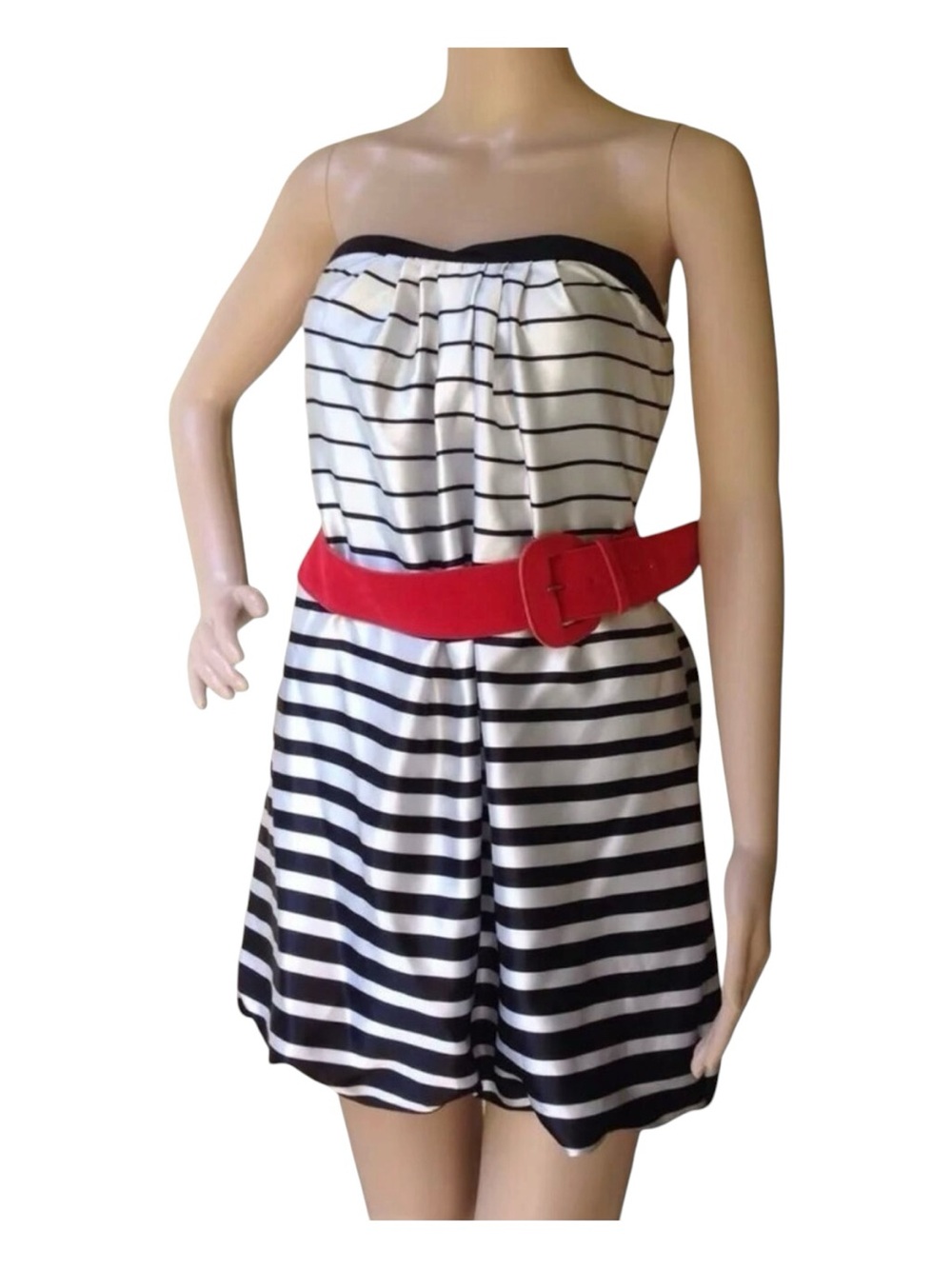 Poetry Strapless Bubble Dress Womens Small Black White Striped Red Belt